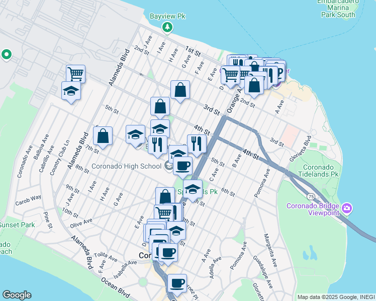 map of restaurants, bars, coffee shops, grocery stores, and more near 924 5th Street in Coronado