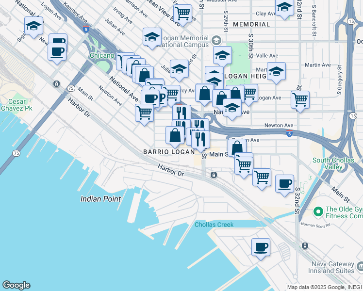 map of restaurants, bars, coffee shops, grocery stores, and more near 2740 Boston Avenue in San Diego