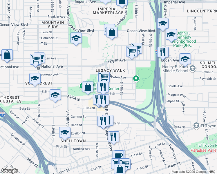 map of restaurants, bars, coffee shops, grocery stores, and more near 1137 South 43rd Street in San Diego