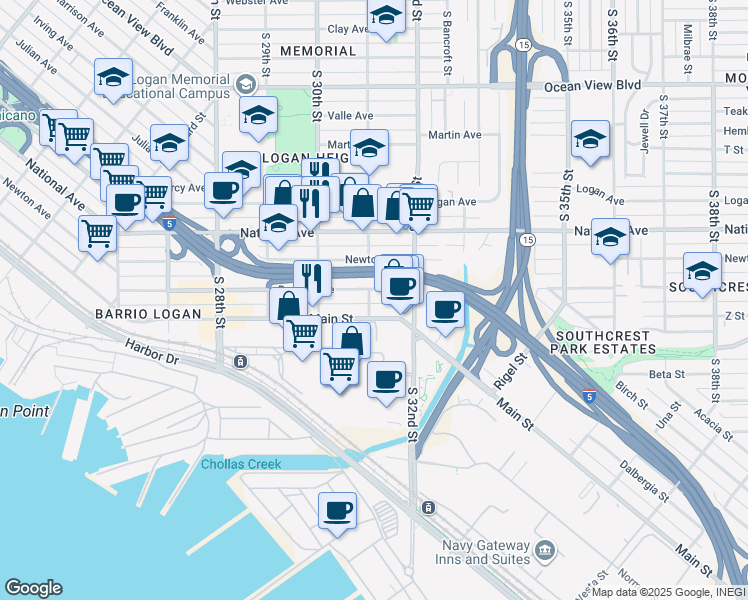 map of restaurants, bars, coffee shops, grocery stores, and more near 3079 Boston Avenue in San Diego