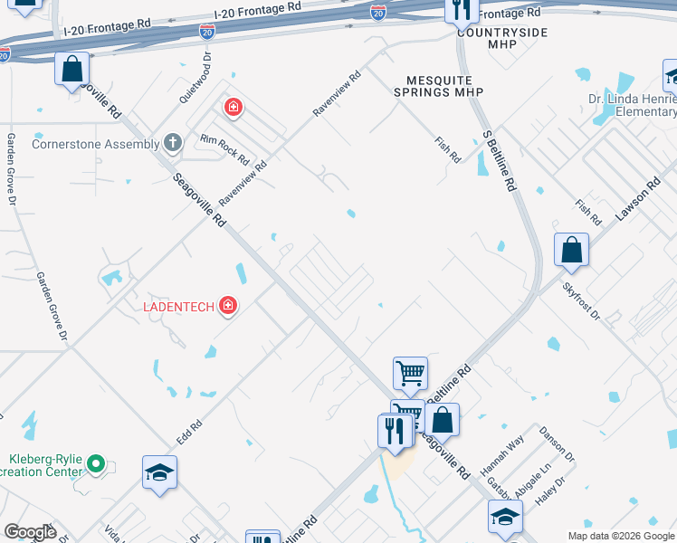 map of restaurants, bars, coffee shops, grocery stores, and more near 14709 Seagoville Road in Dallas