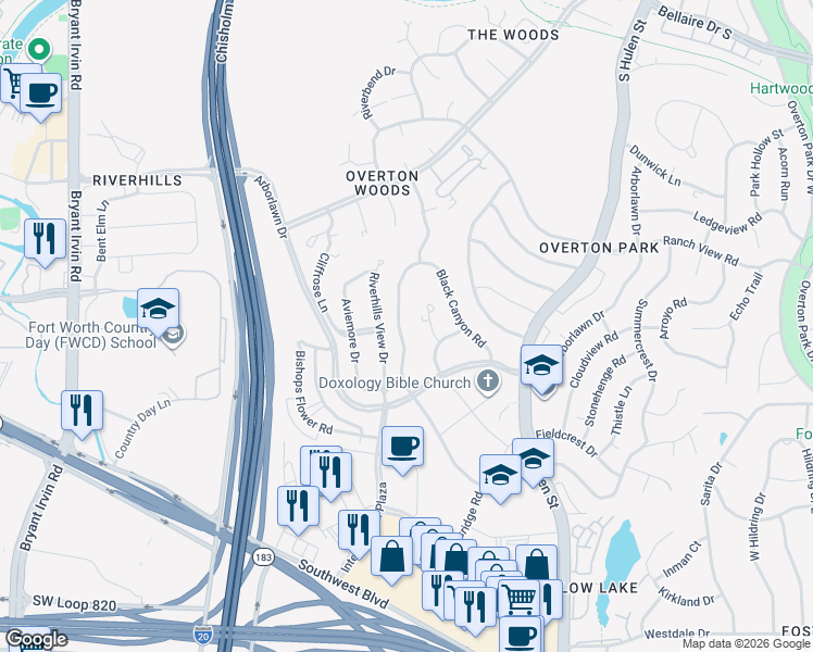 map of restaurants, bars, coffee shops, grocery stores, and more near 3804 Candlelite Court in Fort Worth