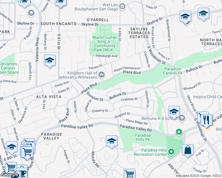 map of restaurants, bars, coffee shops, grocery stores, and more near 6462 Hauser Street in San Diego