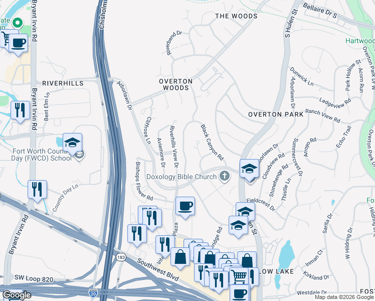 map of restaurants, bars, coffee shops, grocery stores, and more near 3804 Candlelite Court in Fort Worth