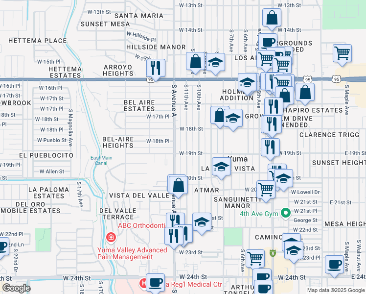 map of restaurants, bars, coffee shops, grocery stores, and more near 1828 South 11th Avenue in Yuma