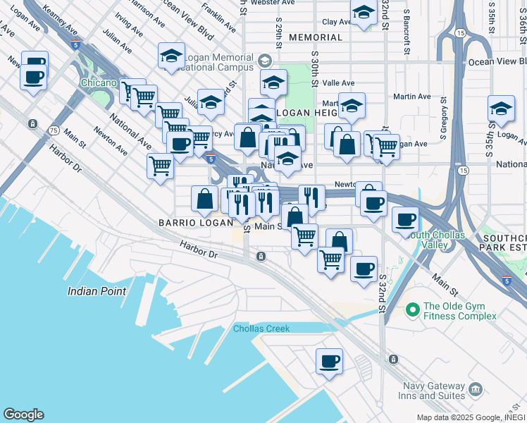 map of restaurants, bars, coffee shops, grocery stores, and more near 2851 Boston Avenue in San Diego