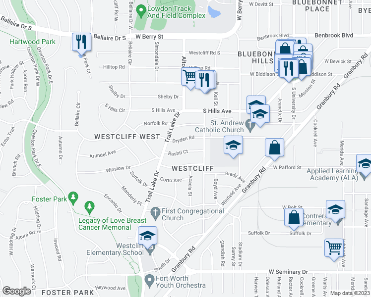 map of restaurants, bars, coffee shops, grocery stores, and more near 3524 Rashti Court in Fort Worth