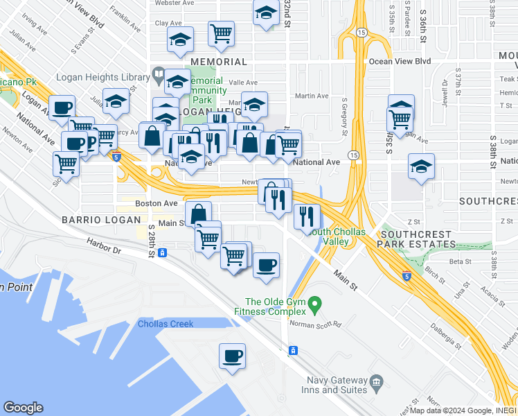 map of restaurants, bars, coffee shops, grocery stores, and more near 3103 Boston Avenue in San Diego