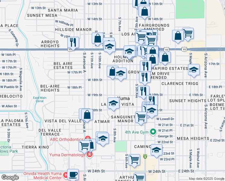 map of restaurants, bars, coffee shops, grocery stores, and more near 1865 South 9th Avenue in Yuma