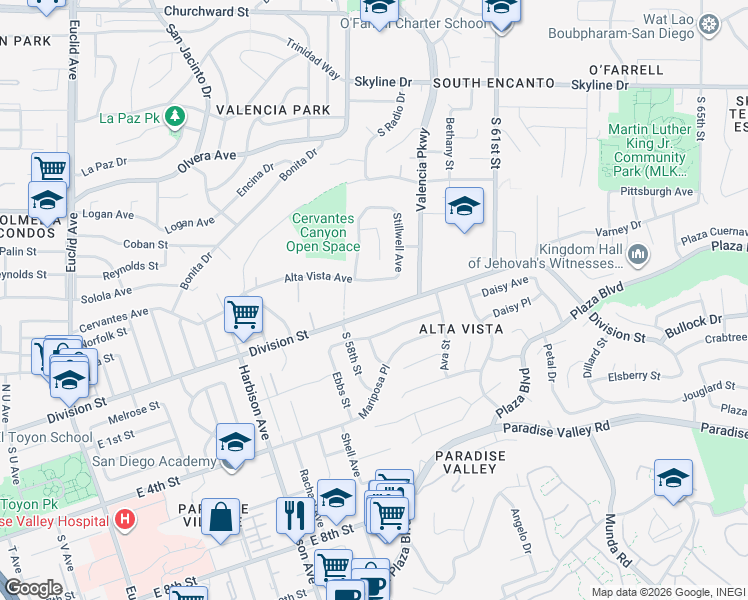 map of restaurants, bars, coffee shops, grocery stores, and more near 5855 Alta Vista Avenue in San Diego