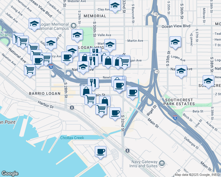 map of restaurants, bars, coffee shops, grocery stores, and more near 3079 Boston Avenue in San Diego