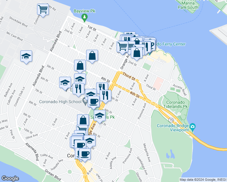 map of restaurants, bars, coffee shops, grocery stores, and more near in Coronado