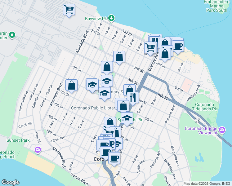 map of restaurants, bars, coffee shops, grocery stores, and more near 500 Palm Avenue in Coronado