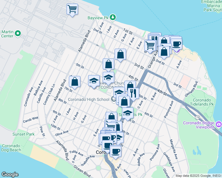 map of restaurants, bars, coffee shops, grocery stores, and more near 500 Palm Avenue in Coronado