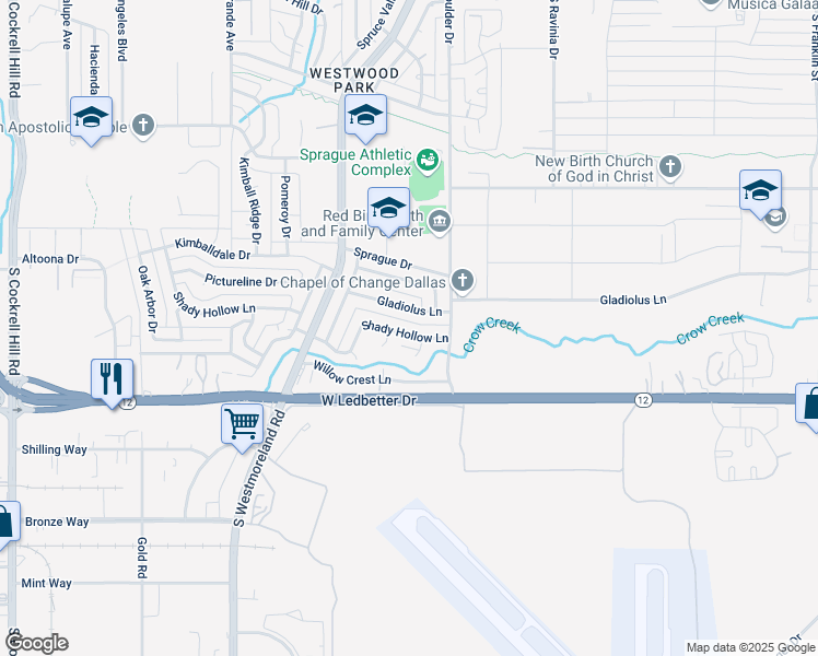 map of restaurants, bars, coffee shops, grocery stores, and more near 3336 Gladiolus Lane in Dallas