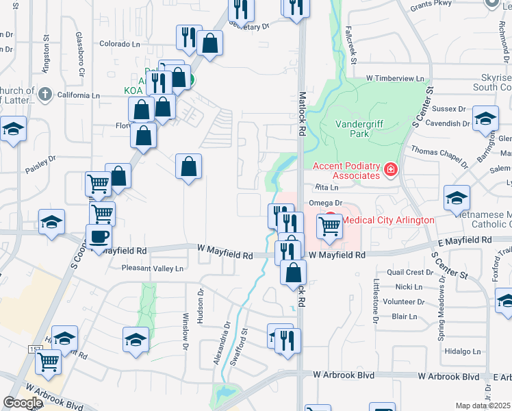 map of restaurants, bars, coffee shops, grocery stores, and more near 3200 Matlock Road in Arlington
