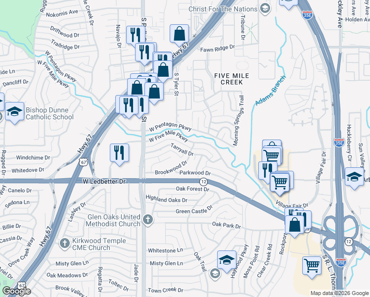 map of restaurants, bars, coffee shops, grocery stores, and more near 811 Tarryall Drive in Dallas