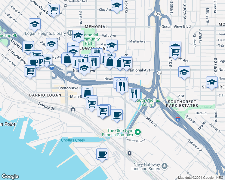 map of restaurants, bars, coffee shops, grocery stores, and more near 1205 South 31st Street in San Diego