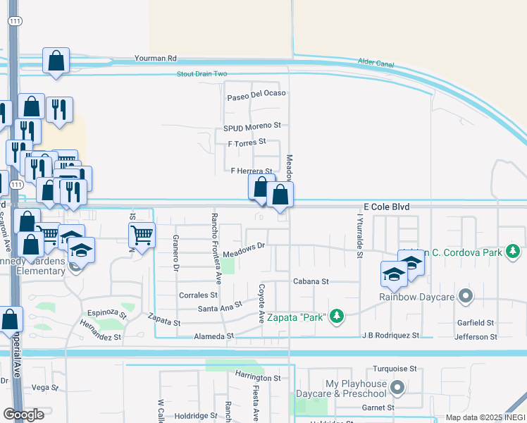 map of restaurants, bars, coffee shops, grocery stores, and more near 514-524 East Cole Road in Calexico