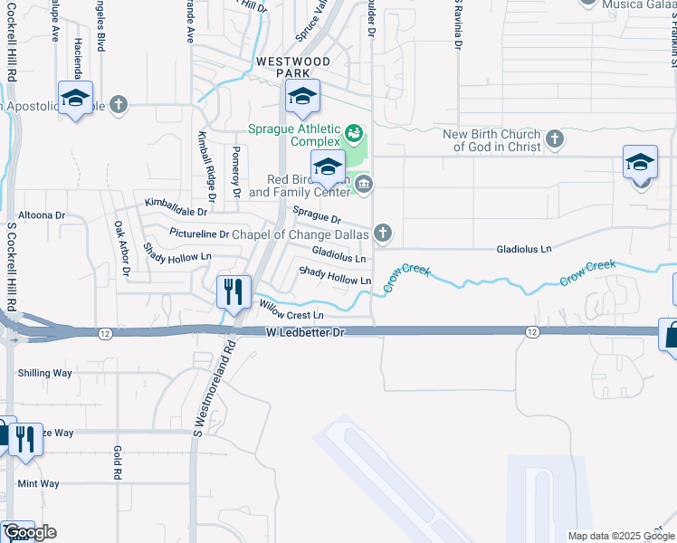 map of restaurants, bars, coffee shops, grocery stores, and more near 3336 Gladiolus Lane in Dallas