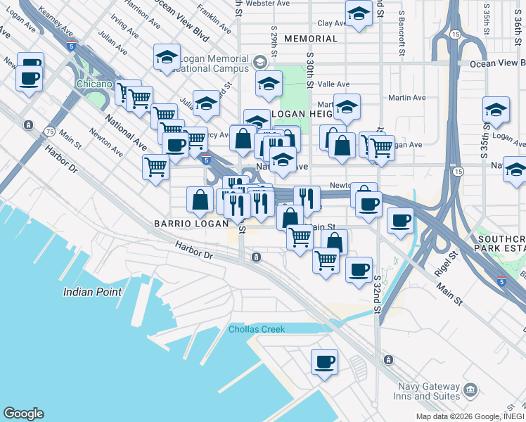 map of restaurants, bars, coffee shops, grocery stores, and more near 2863 Boston Avenue in San Diego