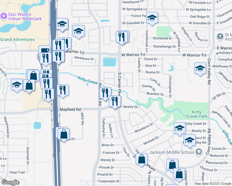 map of restaurants, bars, coffee shops, grocery stores, and more near 3164 Cross Creek Circle in Grand Prairie