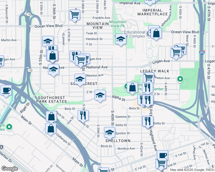 map of restaurants, bars, coffee shops, grocery stores, and more near 3930 Boston Avenue in San Diego