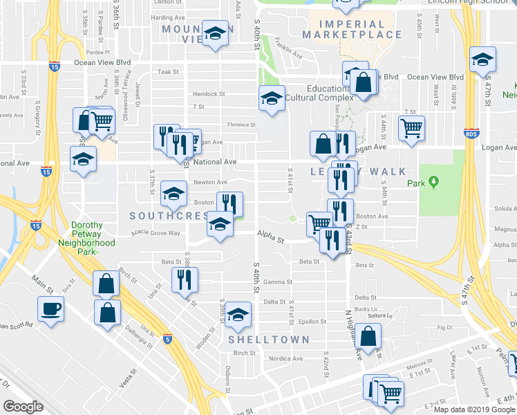map of restaurants, bars, coffee shops, grocery stores, and more near 4003 Boston Avenue in San Diego
