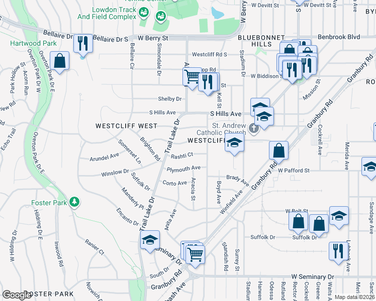map of restaurants, bars, coffee shops, grocery stores, and more near 3567 Dryden Road in Fort Worth