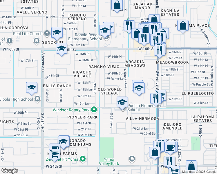 map of restaurants, bars, coffee shops, grocery stores, and more near 3148 London Drive in Yuma