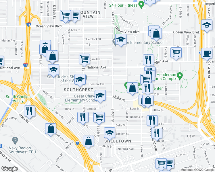 map of restaurants, bars, coffee shops, grocery stores, and more near 3930 Boston Avenue in San Diego