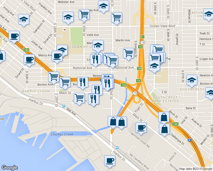 map of restaurants, bars, coffee shops, grocery stores, and more near 3153 Boston Avenue in San Diego