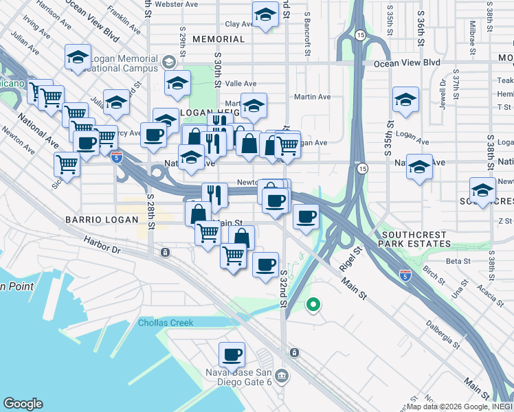 map of restaurants, bars, coffee shops, grocery stores, and more near 3079 Boston Avenue in San Diego
