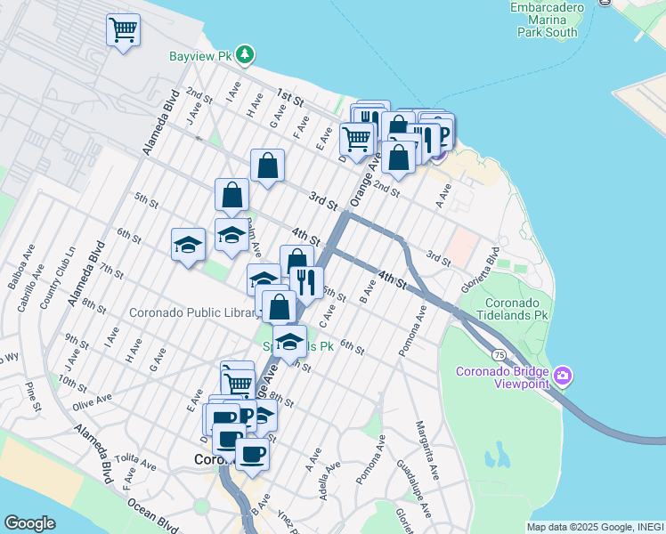map of restaurants, bars, coffee shops, grocery stores, and more near 400 C Avenue in Coronado