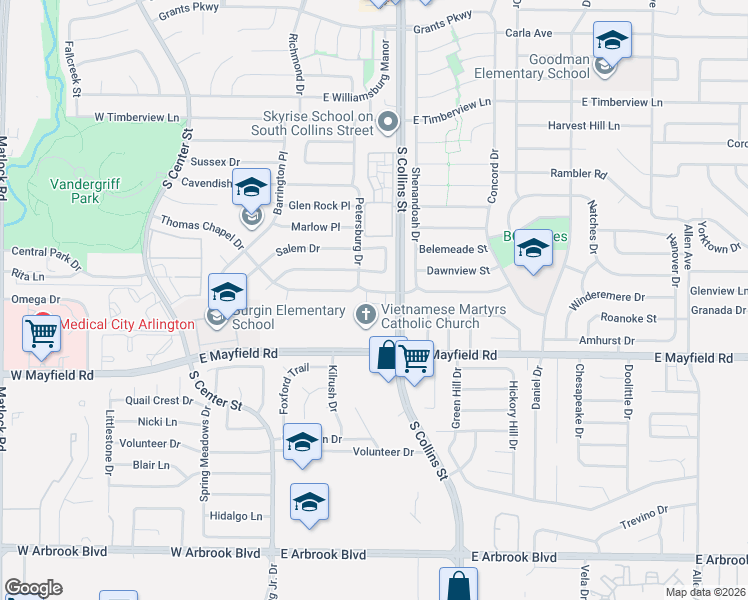 map of restaurants, bars, coffee shops, grocery stores, and more near 732 Thomas Chapel Drive in Arlington