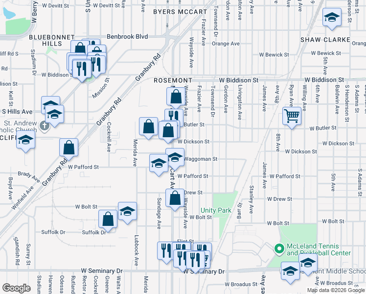 map of restaurants, bars, coffee shops, grocery stores, and more near 3751 Wayside Avenue in Fort Worth