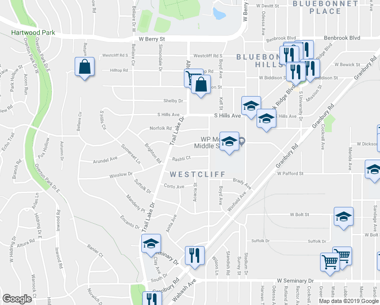 map of restaurants, bars, coffee shops, grocery stores, and more near 3567 Dryden Road in Fort Worth