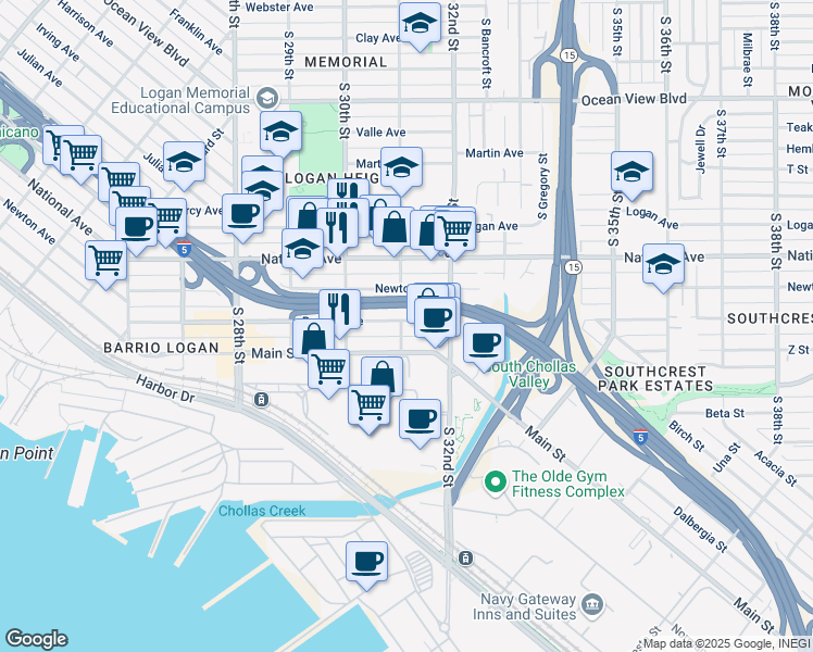 map of restaurants, bars, coffee shops, grocery stores, and more near 3079 Boston Avenue in San Diego