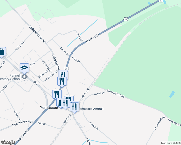 map of restaurants, bars, coffee shops, grocery stores, and more near 20 Hunt Street in Yemassee