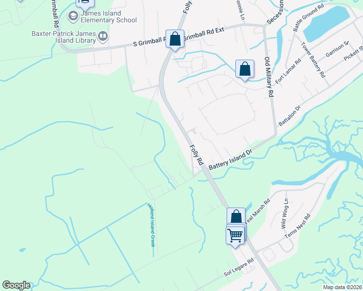 map of restaurants, bars, coffee shops, grocery stores, and more near 1821 Folly Road in Charleston