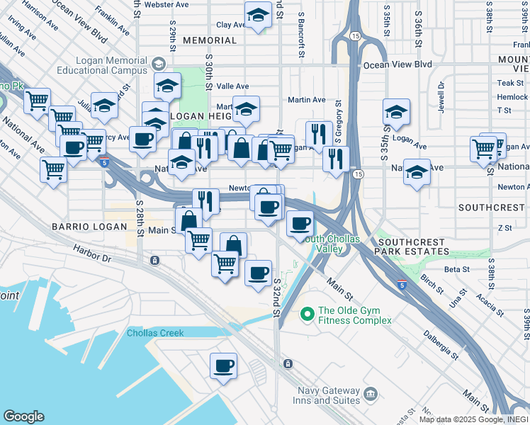 map of restaurants, bars, coffee shops, grocery stores, and more near 3153 Boston Avenue in San Diego