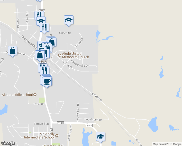 map of restaurants, bars, coffee shops, grocery stores, and more near 520 East Oak Street in Aledo