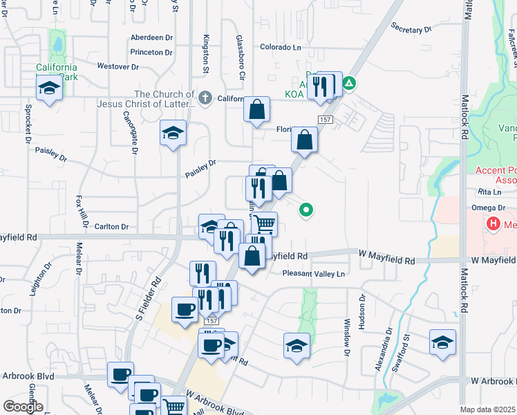 map of restaurants, bars, coffee shops, grocery stores, and more near 1301 South Westador Drive in Arlington