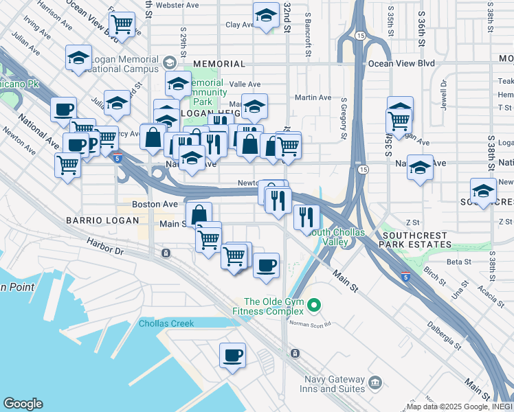 map of restaurants, bars, coffee shops, grocery stores, and more near 3103 Boston Avenue in San Diego