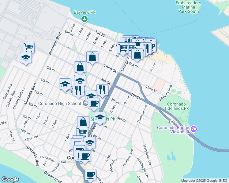 map of restaurants, bars, coffee shops, grocery stores, and more near 427 Orange Avenue in Coronado