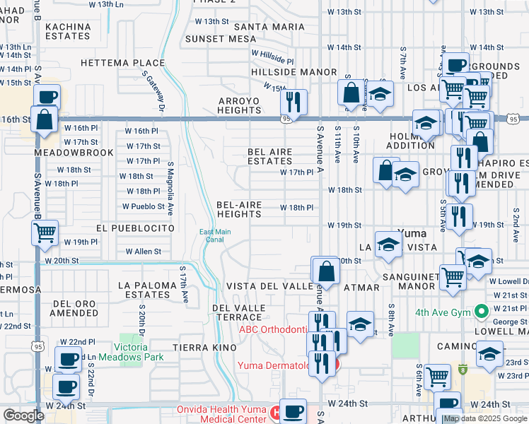 map of restaurants, bars, coffee shops, grocery stores, and more near 1349 West 18th Place in Yuma