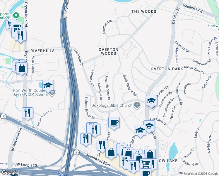 map of restaurants, bars, coffee shops, grocery stores, and more near 3761 Riverhills View Drive in Fort Worth