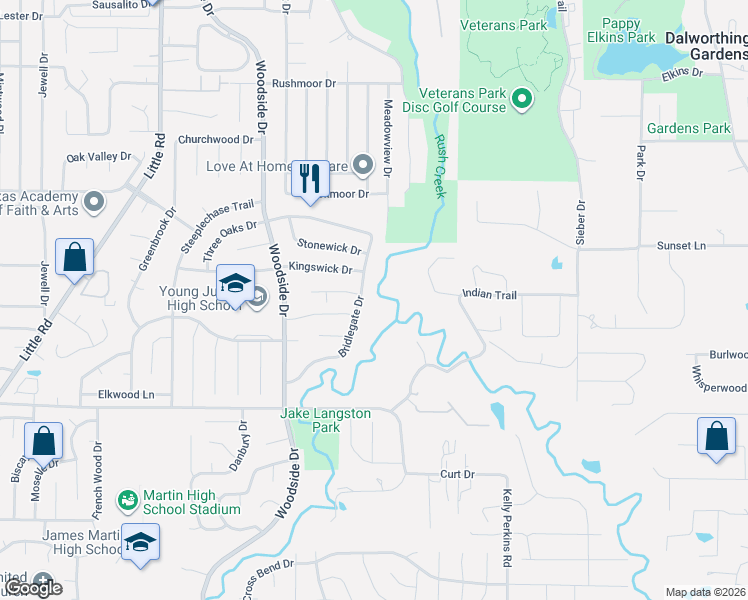 map of restaurants, bars, coffee shops, grocery stores, and more near 3109 Bridlegate Drive in Arlington