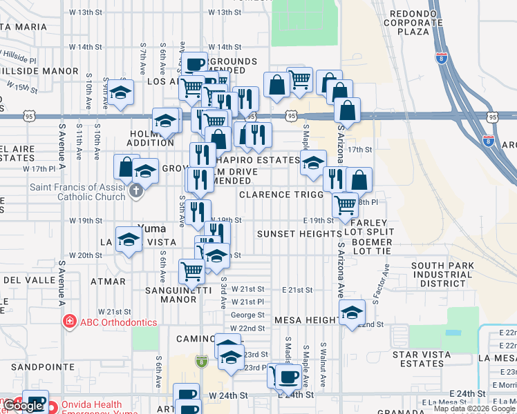 map of restaurants, bars, coffee shops, grocery stores, and more near 1857 South 2nd Avenue in Yuma