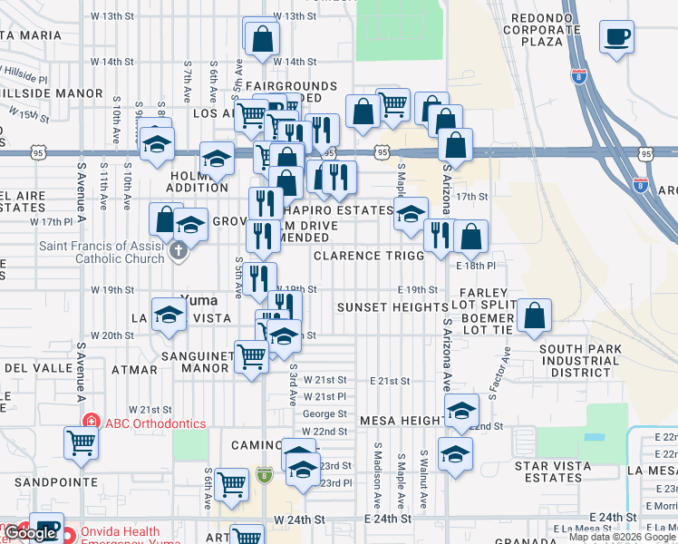 map of restaurants, bars, coffee shops, grocery stores, and more near 1851 South 2nd Avenue in Yuma